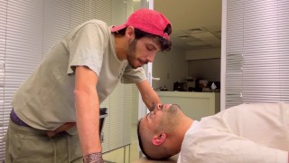 thin Arab technician slaps it in his mouth